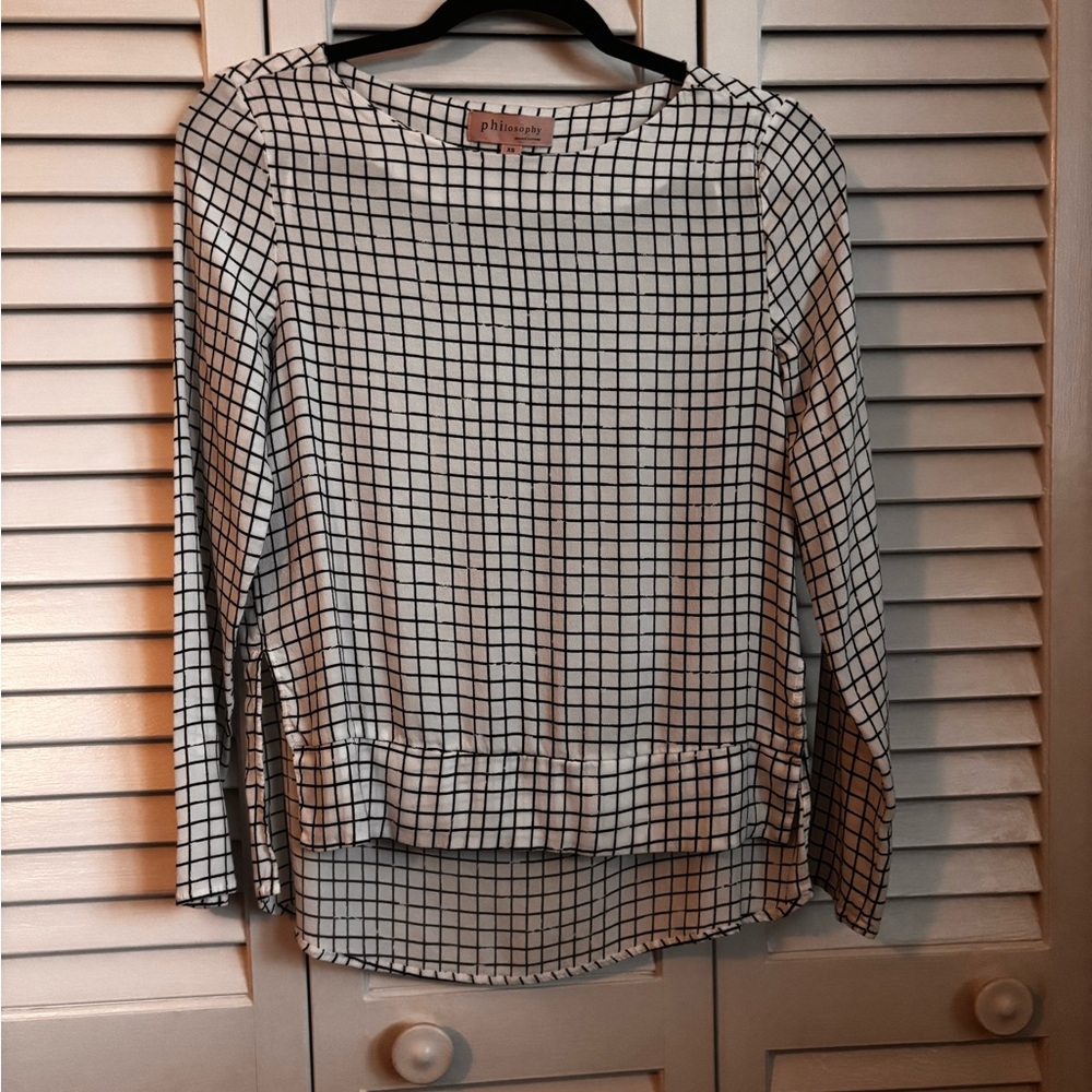 Philosophy Black and White Grid Hi Lo Hem Blouse